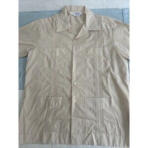 Vintage 70S 80s Romani Mens Guayabera Shirt Beige Permanent Press Sz L
